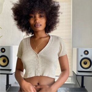 Urban Outfitters Freya Ribbed Cropped Short Sleeve Button Cardigan L Women’s